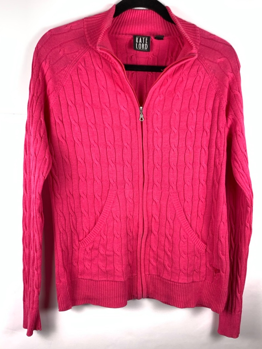 Kate Lord Womens Sweater L Pink Cable Knit Full Zip Golf Cardigan Pockets - Picture 3 of 13